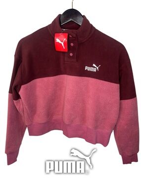 Puma Women’s Burgundy & Dusty Pink Cropped Fleece Snap-Neck Pullover XS
